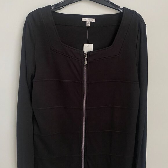 Linea Domani Black Full Zip Front Long Sleeve Square Neck Bodycon Dress Size 14 - Picture 2 of 6
